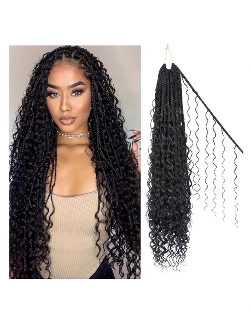 Sambraid Boho Goddess Locs with Human Hair Curls – 8 Packs Black color